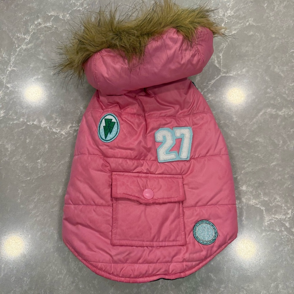 Pink Dog Puffer Coat with Hood and Faux Fur Trim